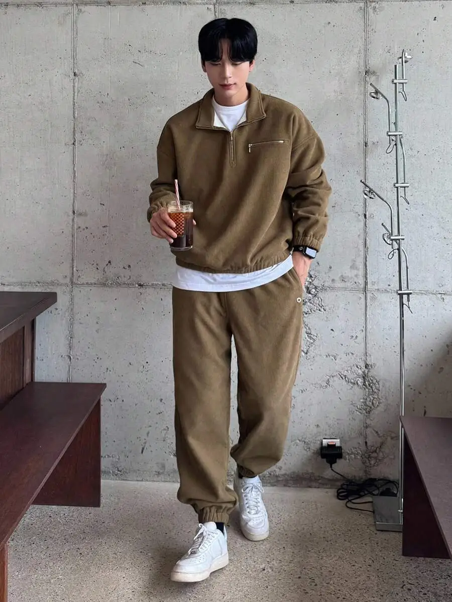 ハーフジップ テクスチャー生地 プルオーバーパーカー セット