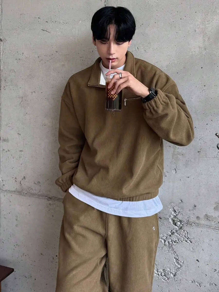 ハーフジップ テクスチャー生地 プルオーバーパーカー セット