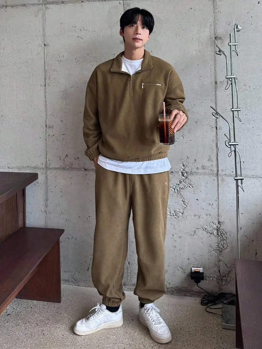 ハーフジップ テクスチャー生地 プルオーバーパーカー セット