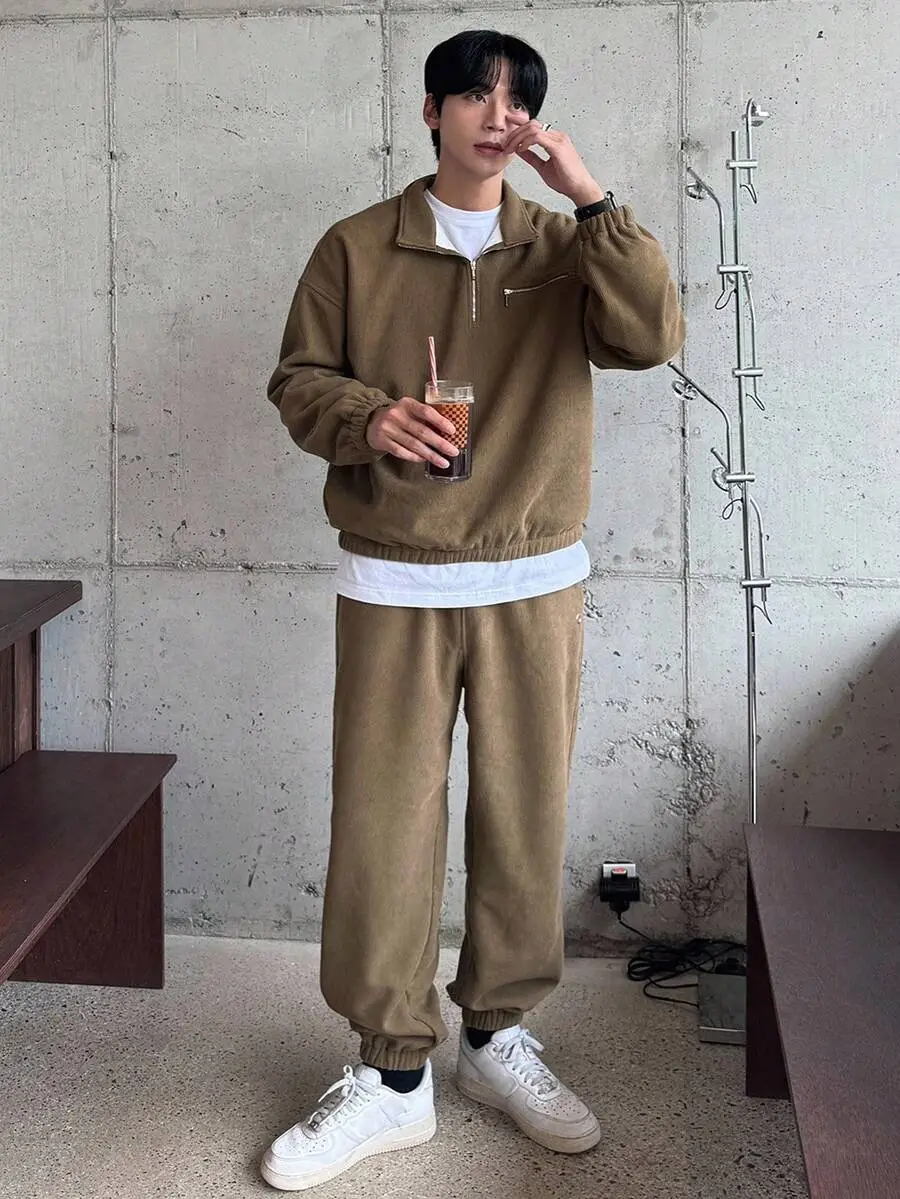 ハーフジップ テクスチャー生地 プルオーバーパーカー セット