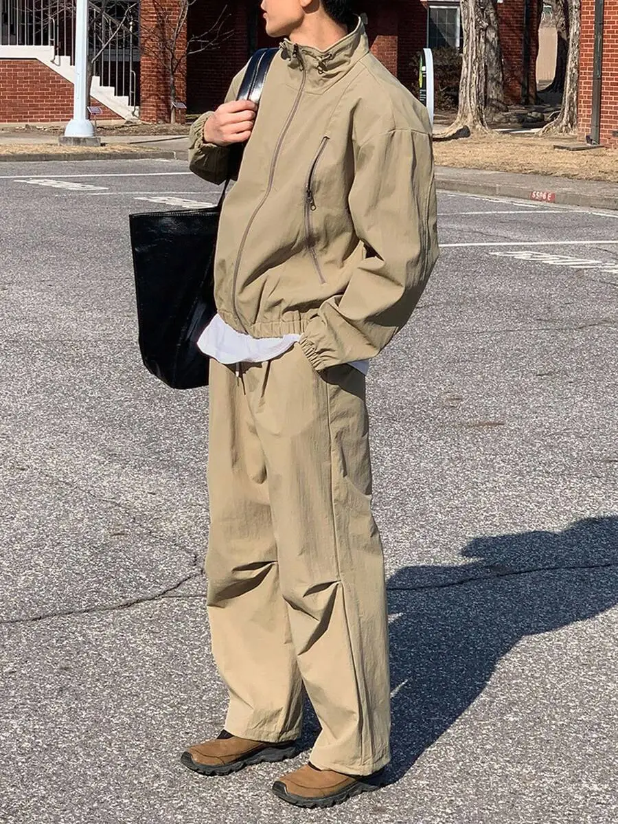 カーキ無地 ユーティリティスタイル メンズジャケット セット