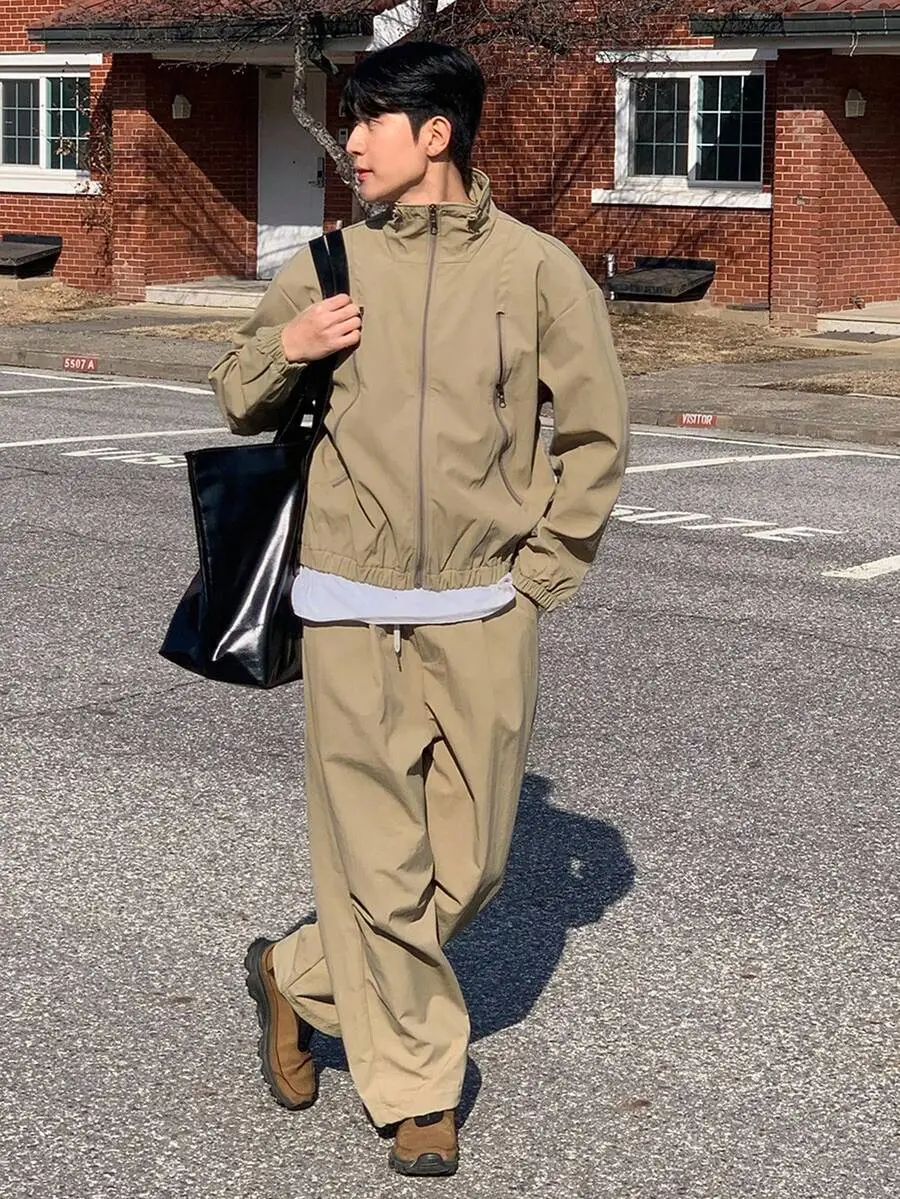 カーキ無地 ユーティリティスタイル メンズジャケット セット