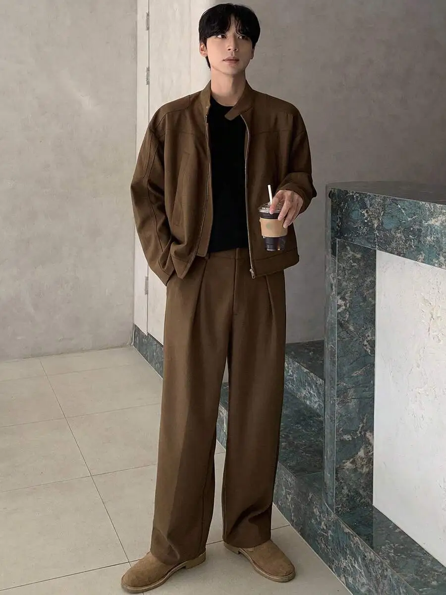 ソリッドカラー ブラウン ショートトップ ストリートスタイル ジャケット ボトムス セットアップ