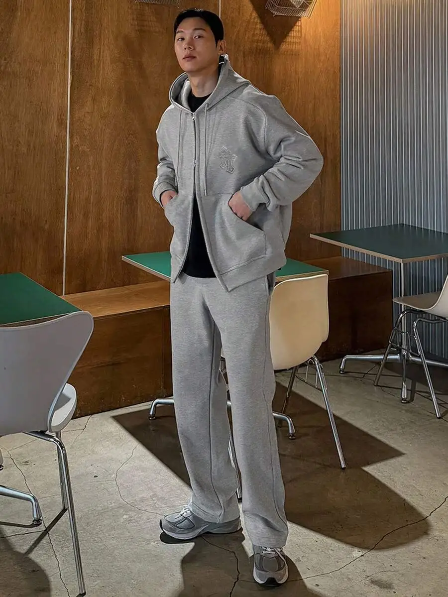 アップリケ刺繍デザイン グレー ジップアップ パーカー セット