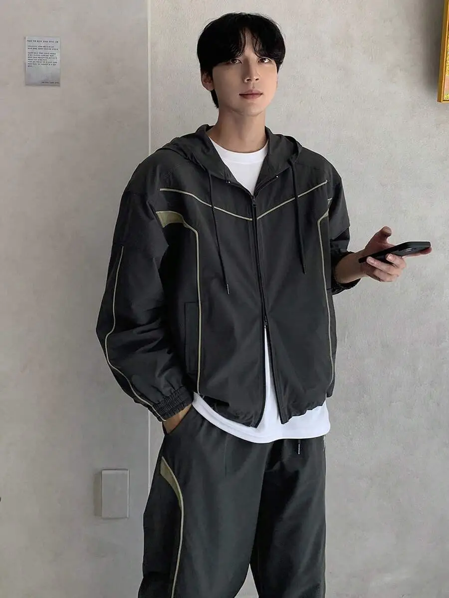 パッチワーク カラーブロック装飾 ラインとレター刺繍 ストリートウェア ジャケット セット