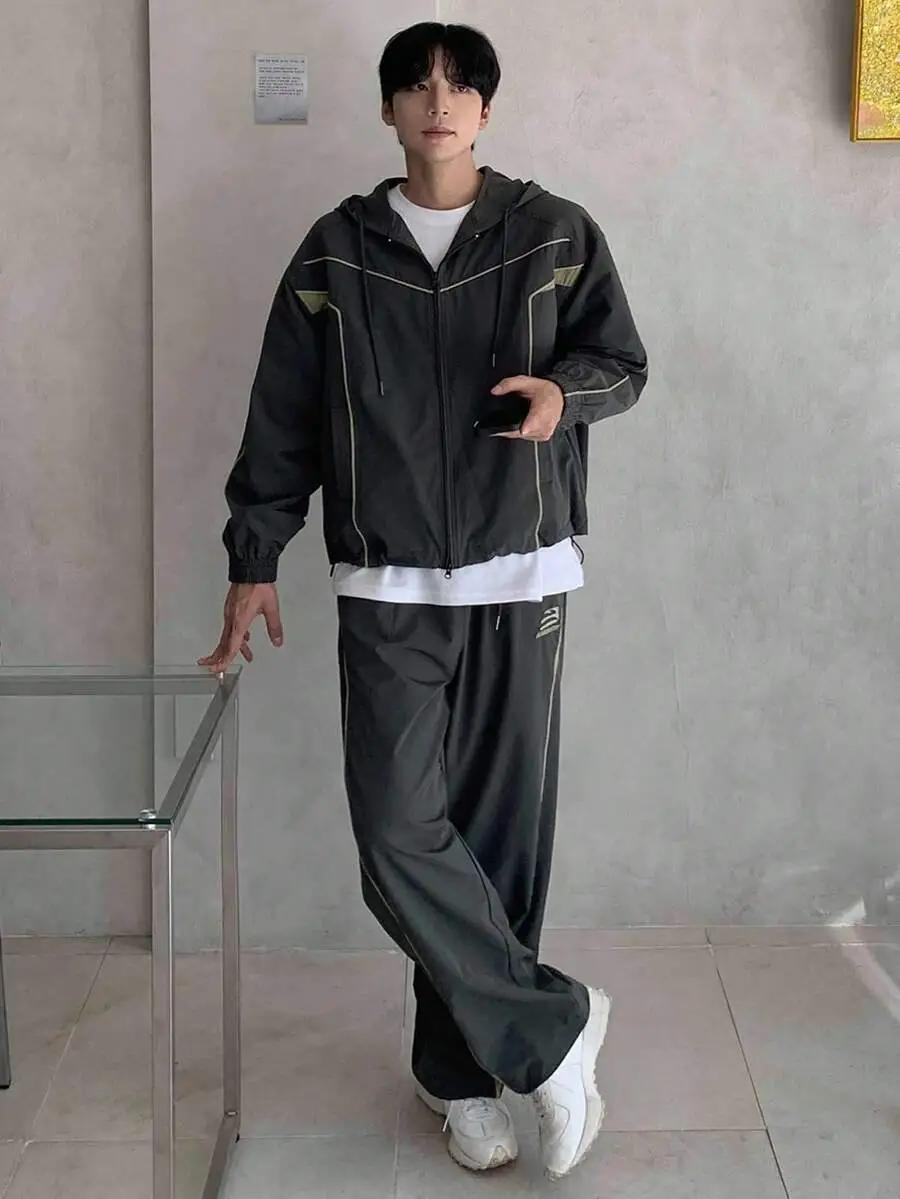 パッチワーク カラーブロック装飾 ラインとレター刺繍 ストリートウェア ジャケット セット