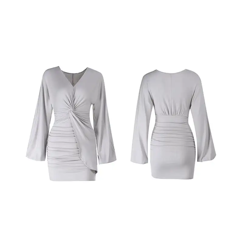 ワンピース Vネック ランタンスリーブ 膝上 ライトグレー