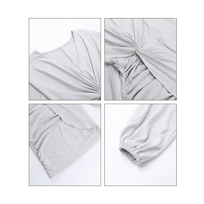 ワンピース Vネック ランタンスリーブ 膝上 ライトグレー