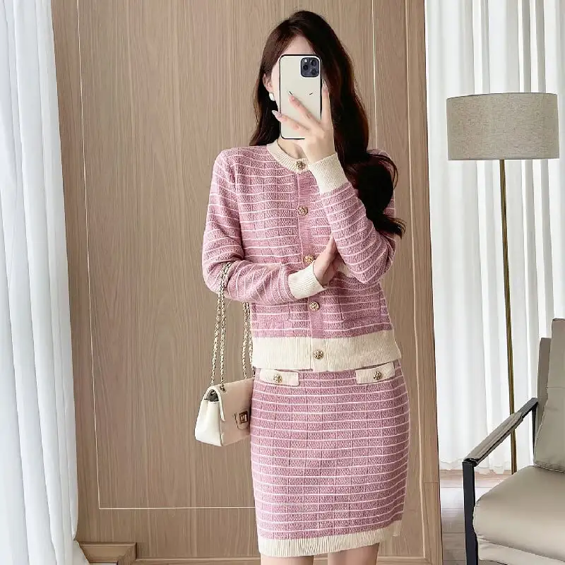 セットアップ トップス+スカート ニット ストライプ柄 配色 ピンク