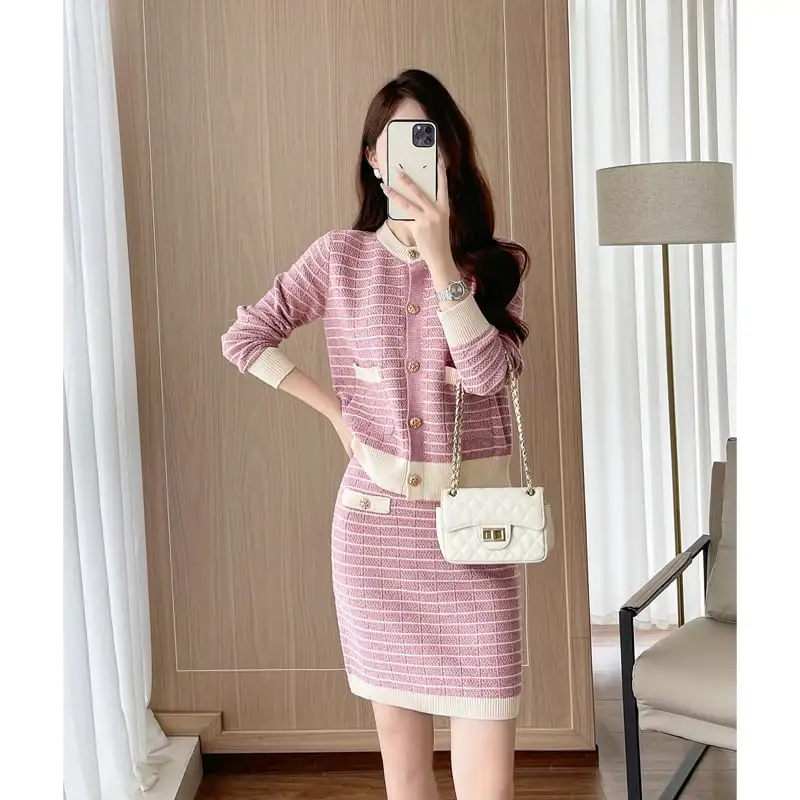 セットアップ トップス+スカート ニット ストライプ柄 配色 ピンク