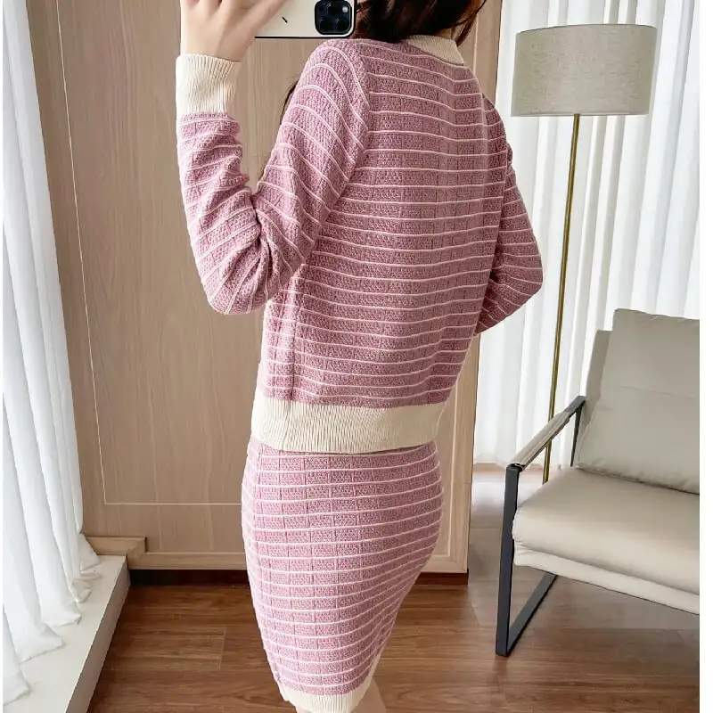 セットアップ トップス+スカート ニット ストライプ柄 配色 ピンク
