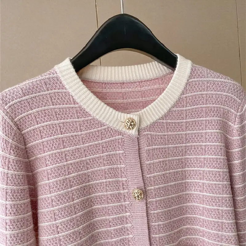 セットアップ トップス+スカート ニット ストライプ柄 配色 ピンク