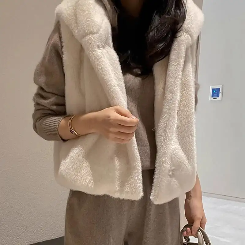 ベスト 2色展開 ミンク風 ゆるい フード付き グレー ベージュ