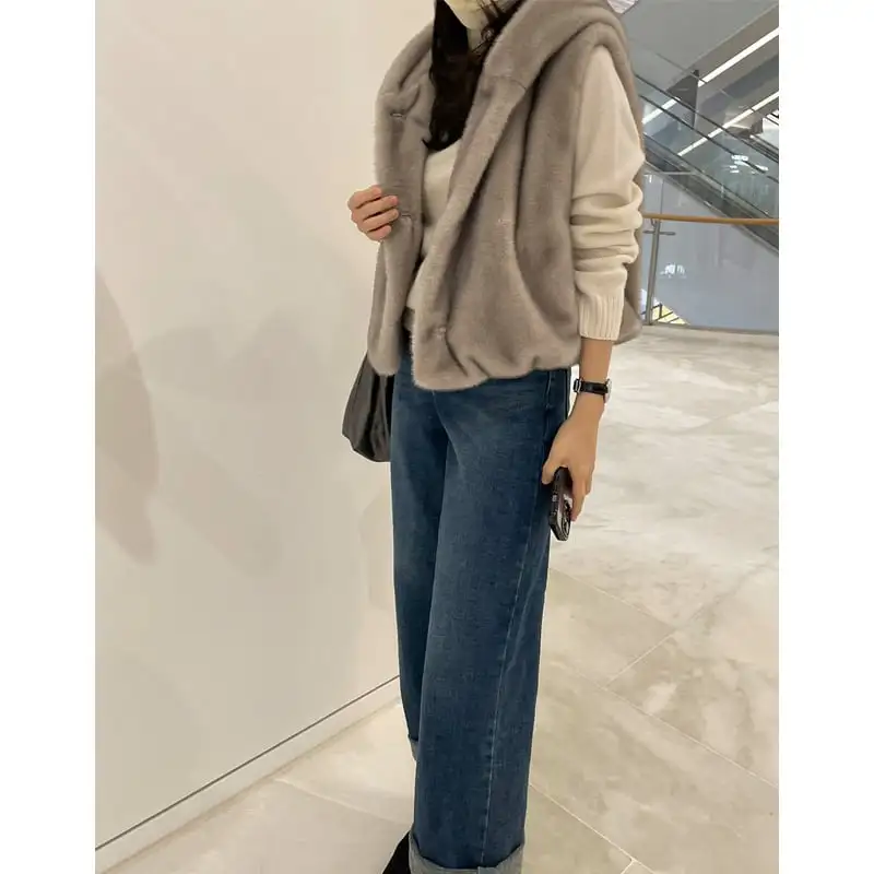 ベスト 2色展開 ミンク風 ゆるい フード付き グレー ベージュ