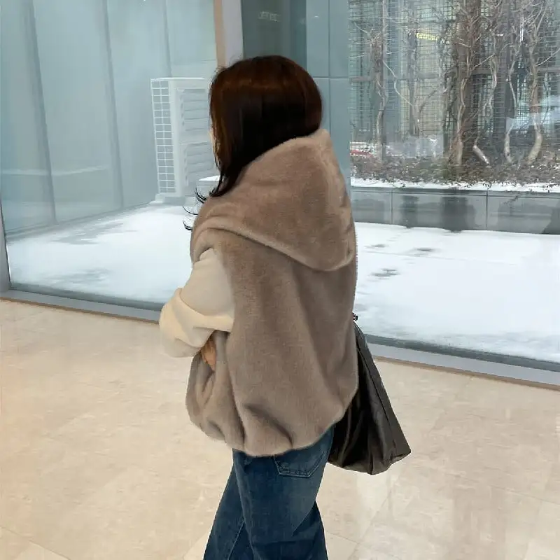 ベスト 2色展開 ミンク風 ゆるい フード付き グレー ベージュ