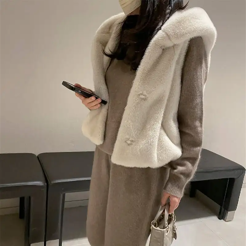 ベスト 2色展開 ミンク風 ゆるい フード付き グレー ベージュ