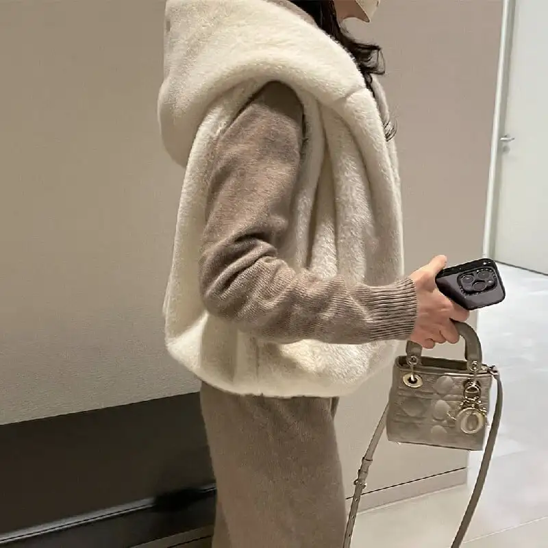 ベスト 2色展開 ミンク風 ゆるい フード付き グレー ベージュ