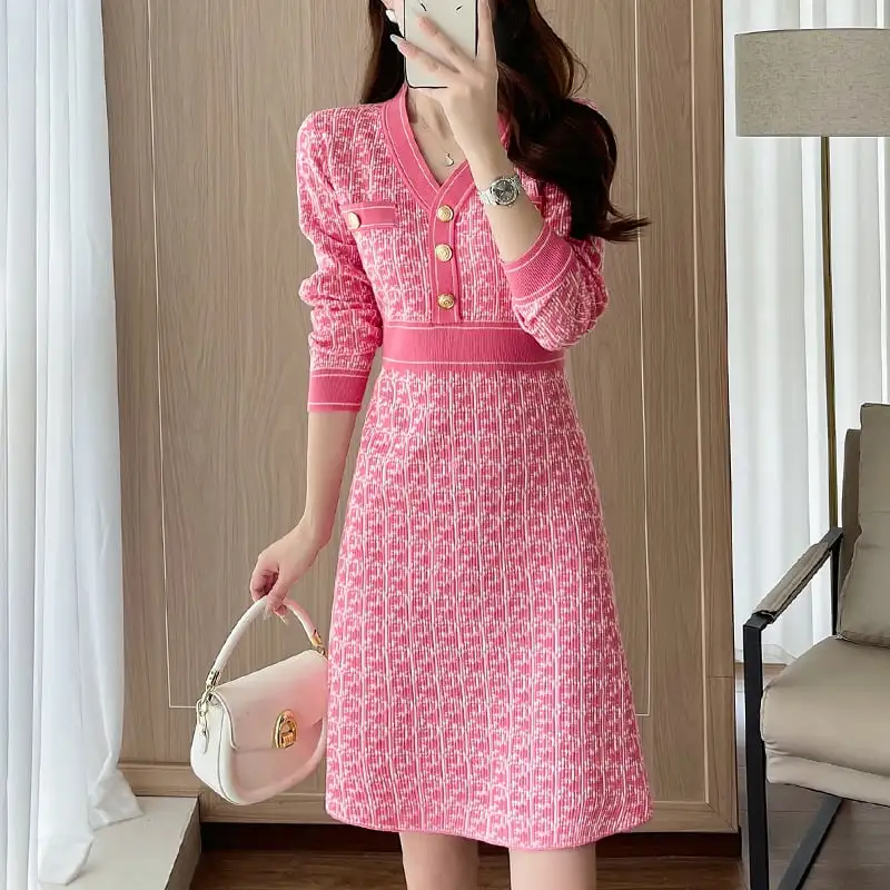 ワンピース Vネック Aライン 配色 おしゃれ ピンク