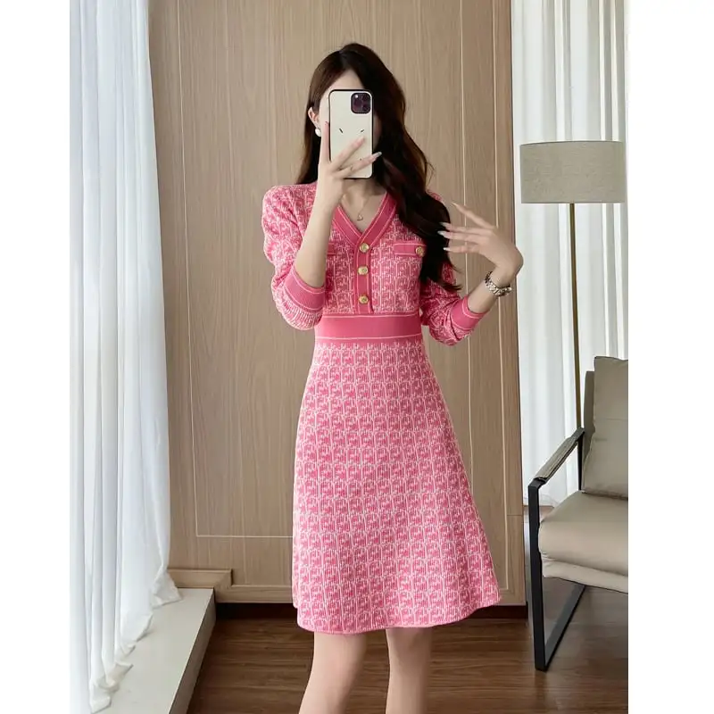 ワンピース Vネック Aライン 配色 おしゃれ ピンク