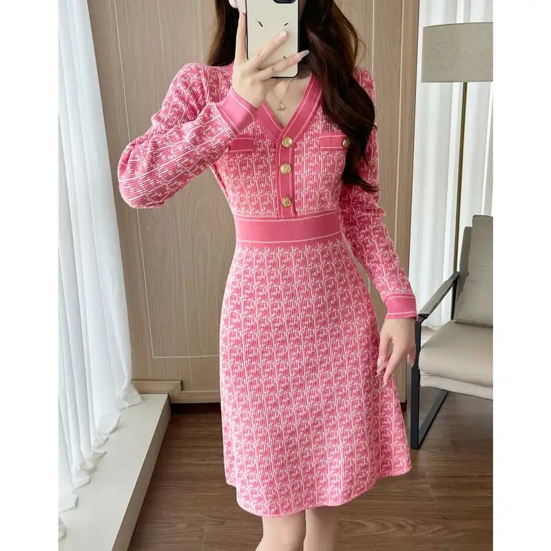 ワンピース Vネック Aライン 配色 おしゃれ ピンク