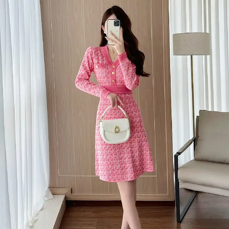 ワンピース Vネック Aライン 配色 おしゃれ ピンク