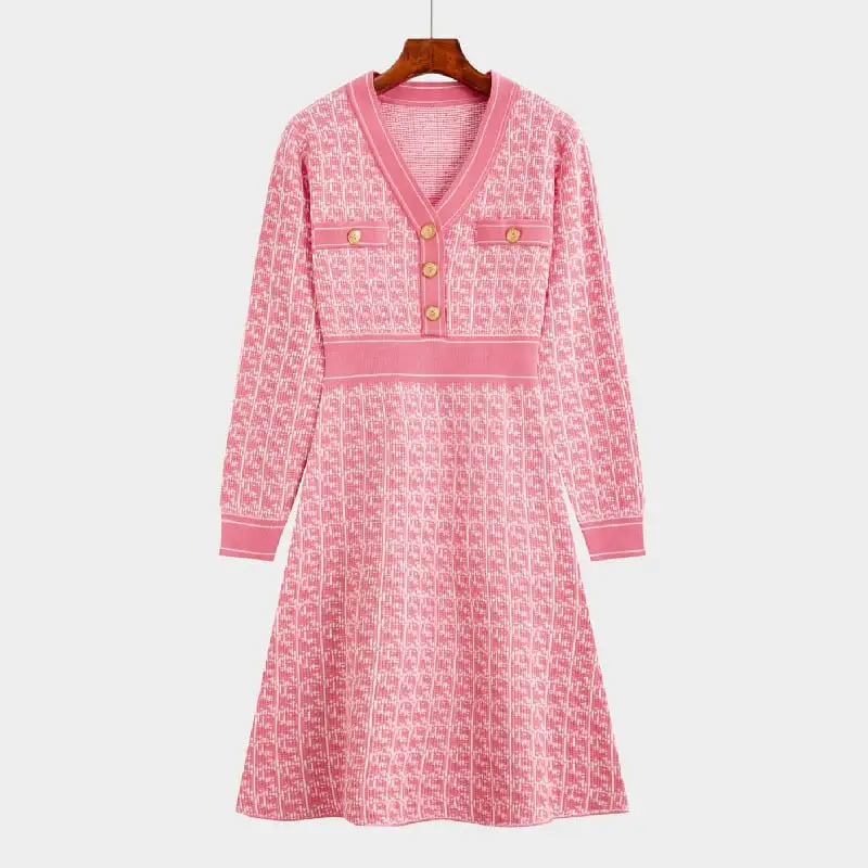 ワンピース Vネック Aライン 配色 おしゃれ ピンク