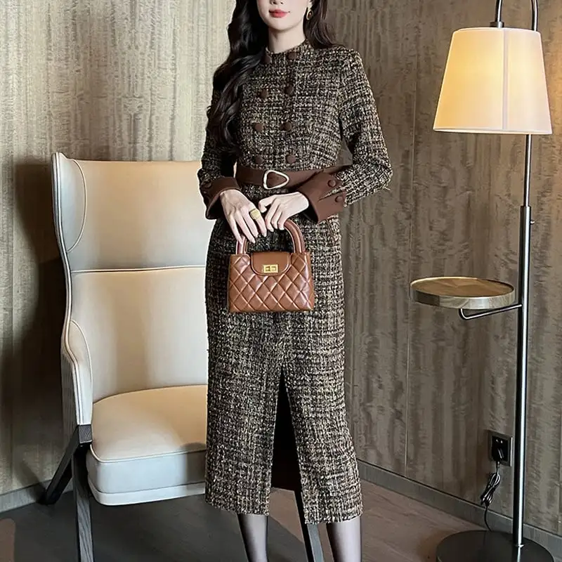 ワンピース ダブルブレスト 気質満点 スリット ブラウン