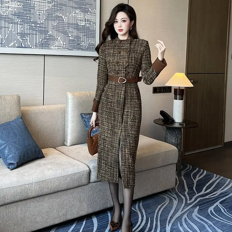 ワンピース ダブルブレスト 気質満点 スリット ブラウン