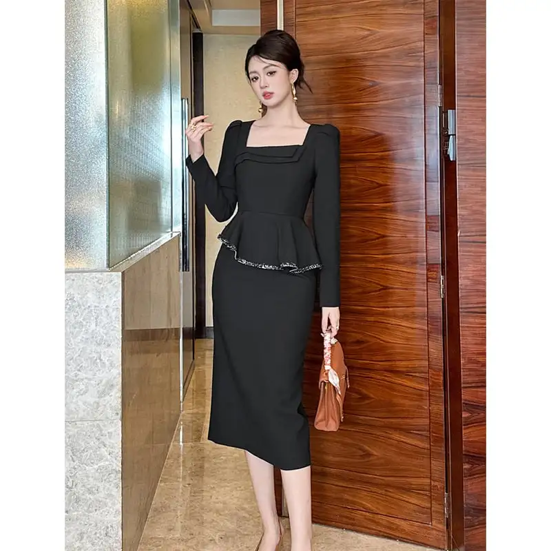 ワンピース スクエアネック ペプラム ブラック