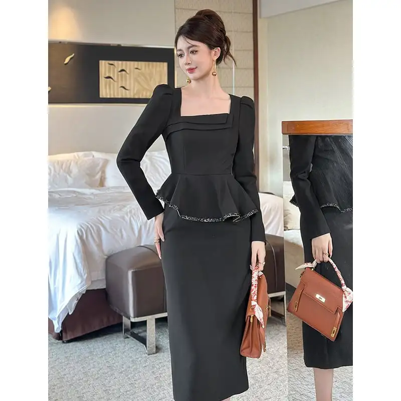 ワンピース スクエアネック ペプラム ブラック