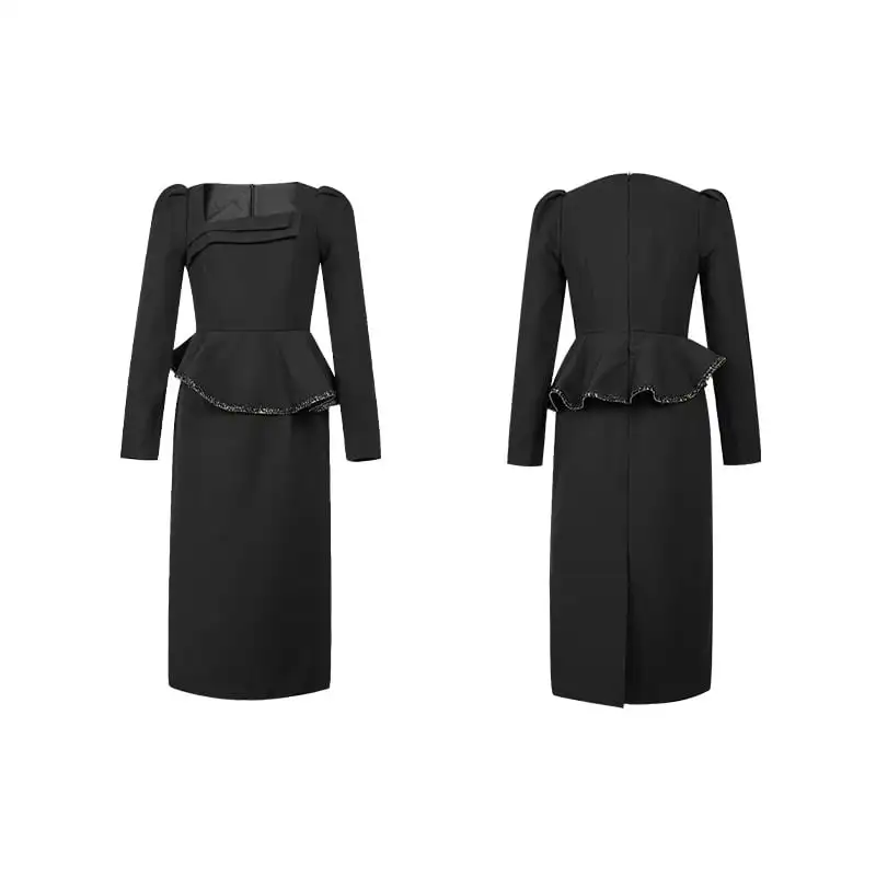 ワンピース スクエアネック ペプラム ブラック