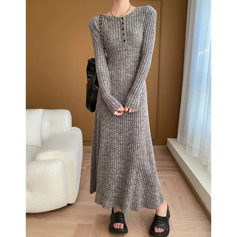 ワンピース シンプル ニット ラウンドネック フィット グレー