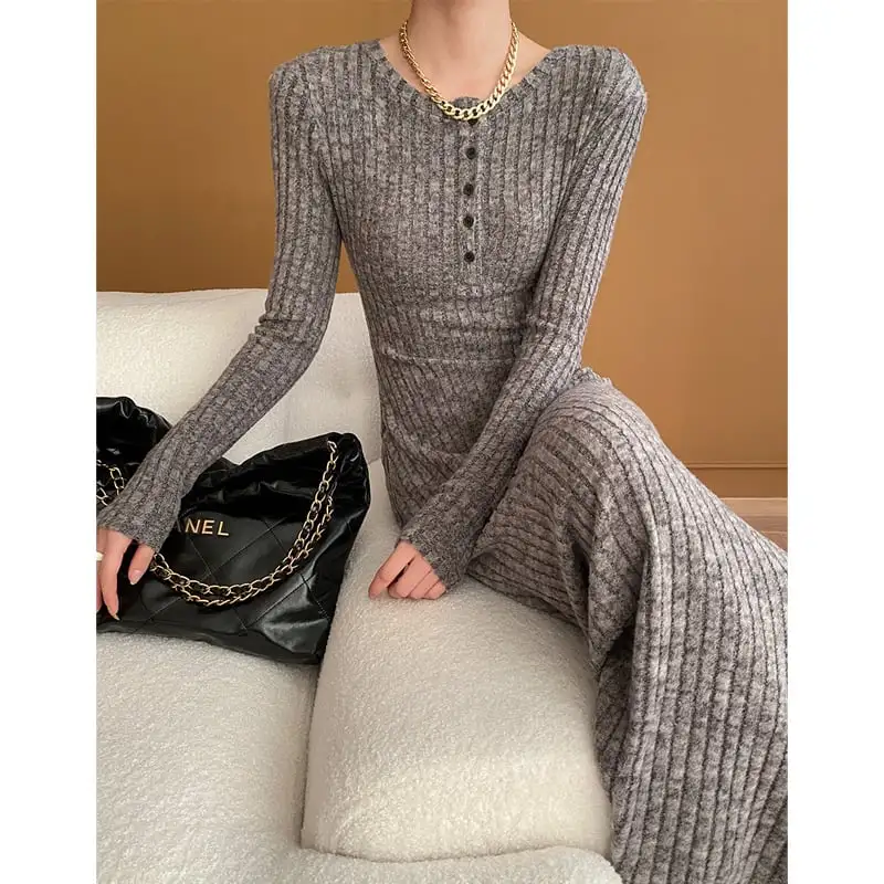 ワンピース シンプル ニット ラウンドネック フィット グレー