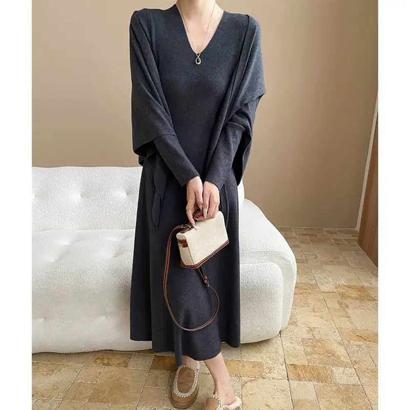 ワンピース ニット ショール付き 無地 長袖 ベージュ ダークグレー ブラック