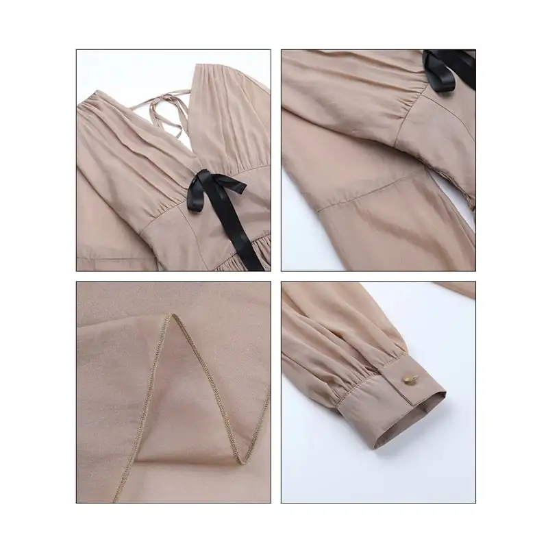 ワンピース Vネック バックリボン ランタンスリーブ ライトブラウン