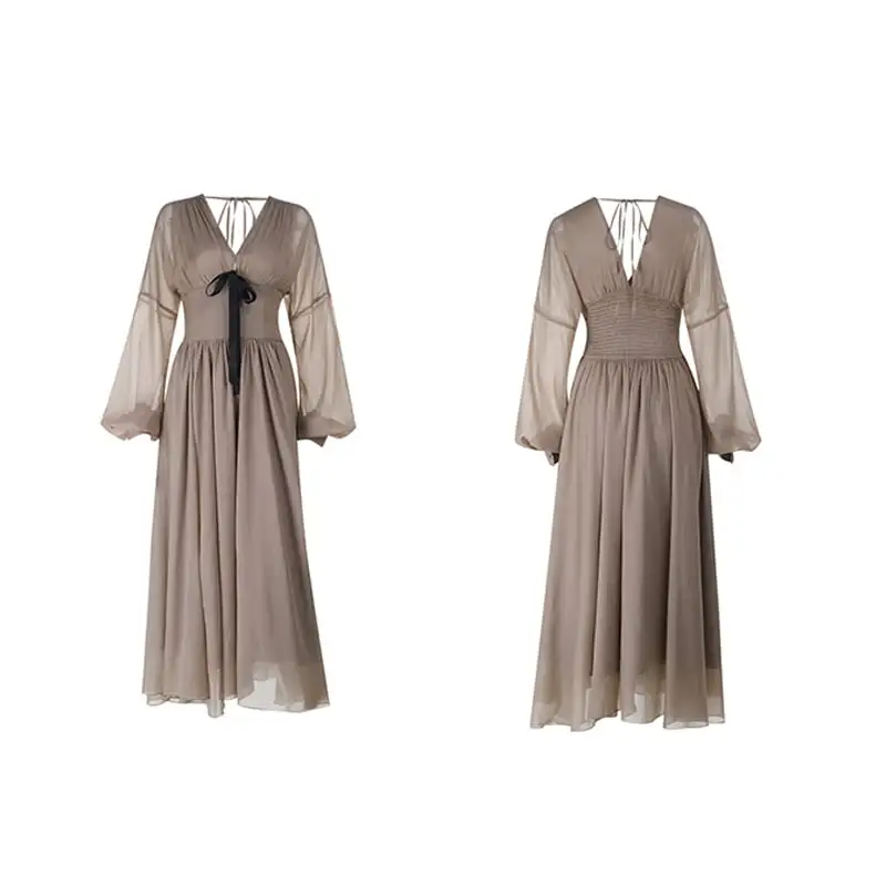 ワンピース Vネック バックリボン ランタンスリーブ ライトブラウン