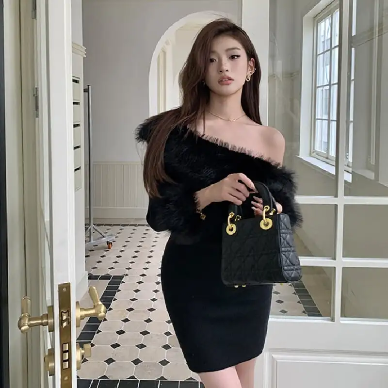 毛がけワンピース セクシー ギャル ミニ丈 ハイウエスト ブラック