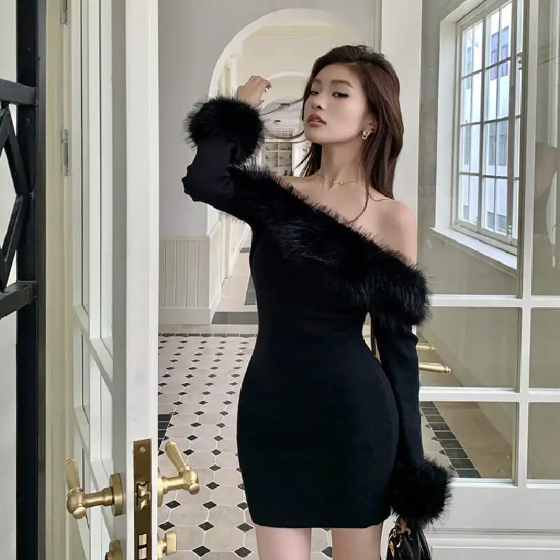 毛がけワンピース セクシー ギャル ミニ丈 ハイウエスト ブラック