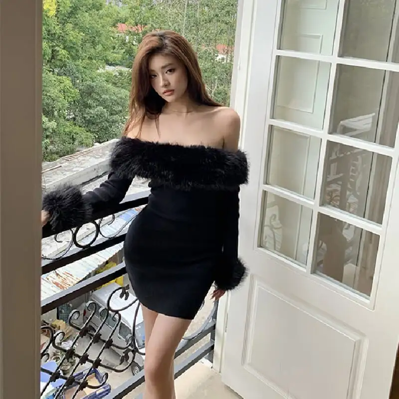 毛がけワンピース セクシー ギャル ミニ丈 ハイウエスト ブラック