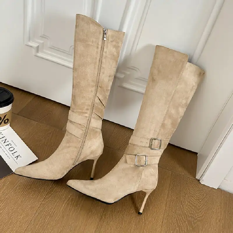 シューズ ブーツ ロングブーツ 細ピール スエード ダークベージュ 8CM