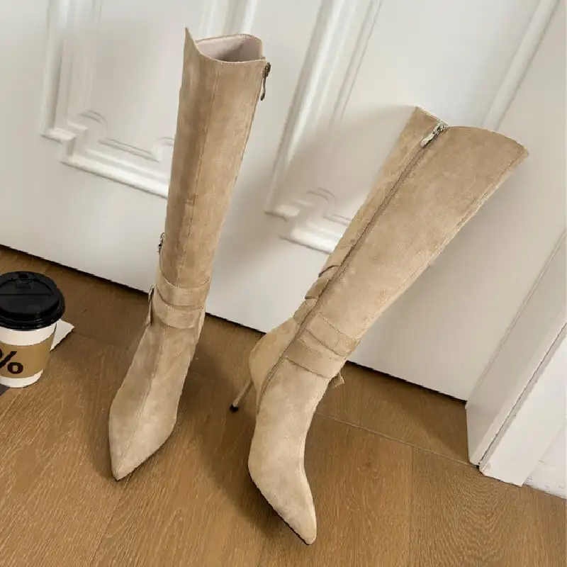 シューズ ブーツ ロングブーツ 細ピール スエード ダークベージュ 8CM