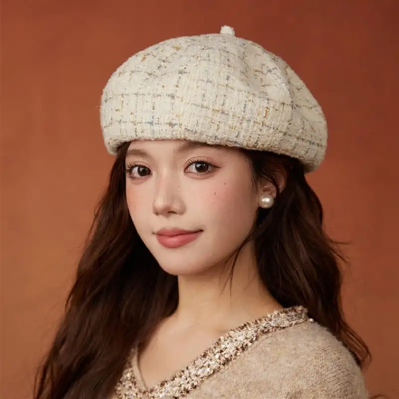 帽子 5色展開 ベレー帽 ツイード チェック柄 ベージュ ブラック