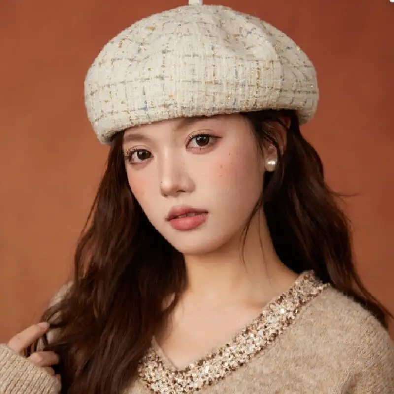 帽子 5色展開 ベレー帽 ツイード チェック柄 ベージュ ブラック