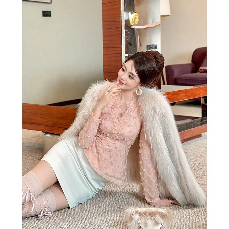 トップス 美シルエット 長袖 メッシュ ピンク