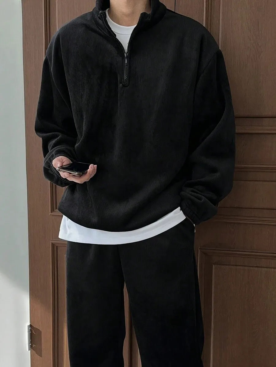 メンズ 無地 カジュアル スタンドカラートップス パンツセット