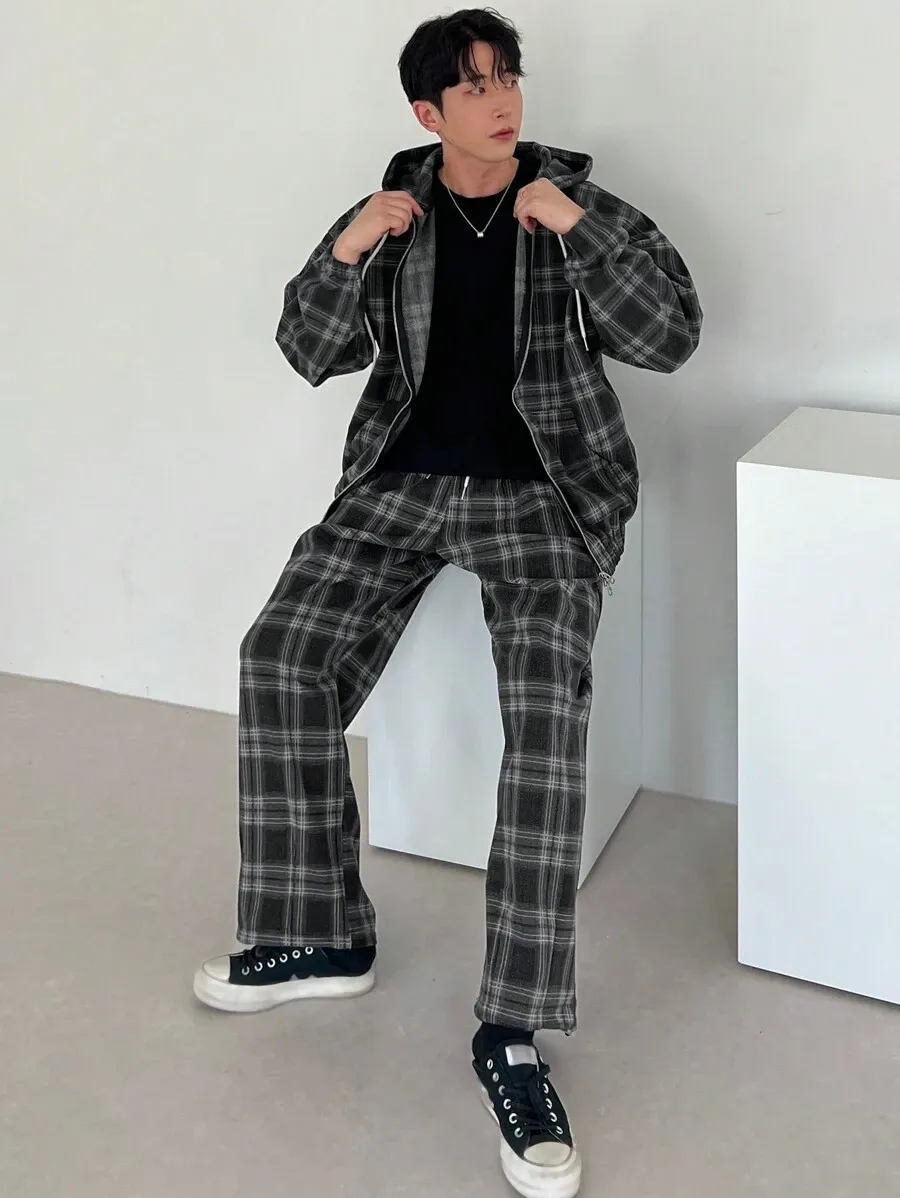 チェック柄 フード付き ジップアップ ロングスリーブ ジャケット ポケット付き スウェットパンツ セット