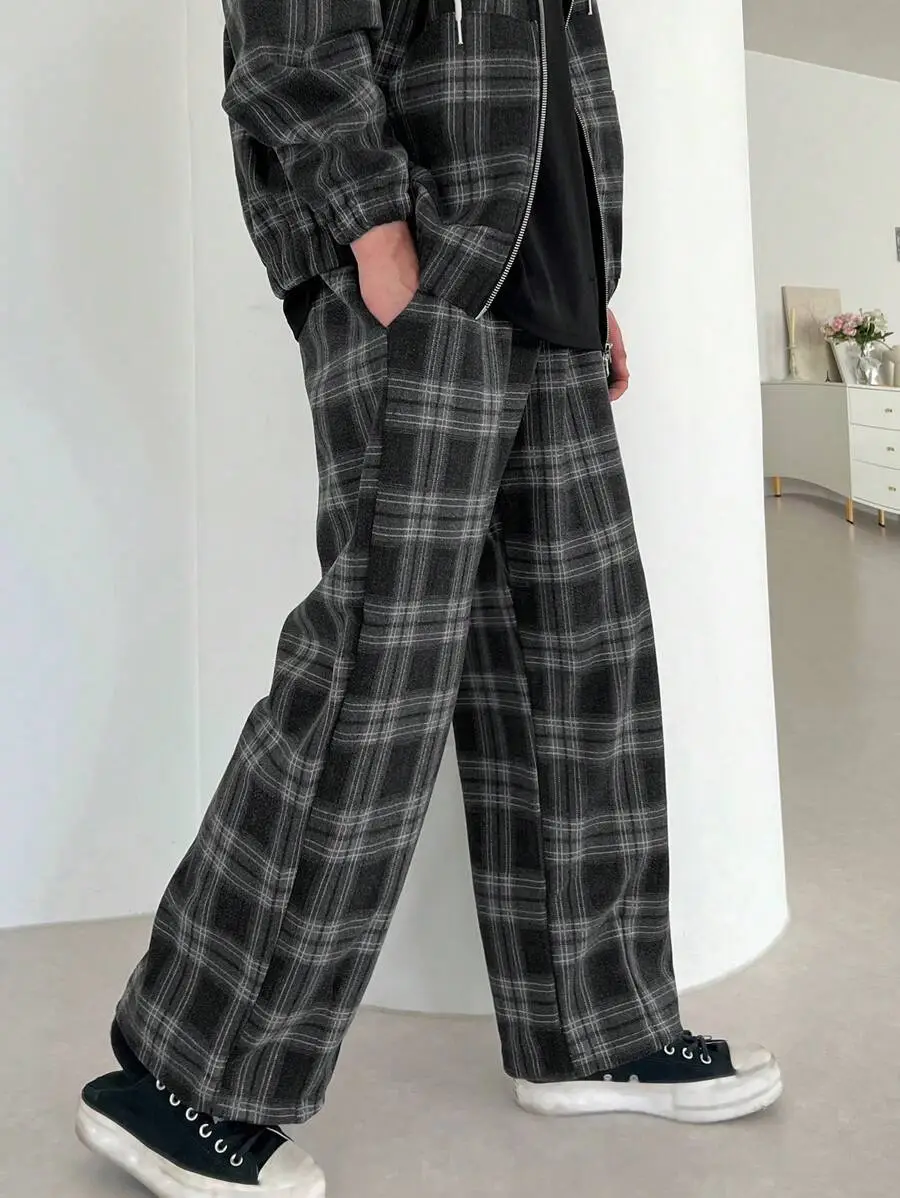 チェック柄 フード付き ジップアップ ロングスリーブ ジャケット ポケット付き スウェットパンツ セット