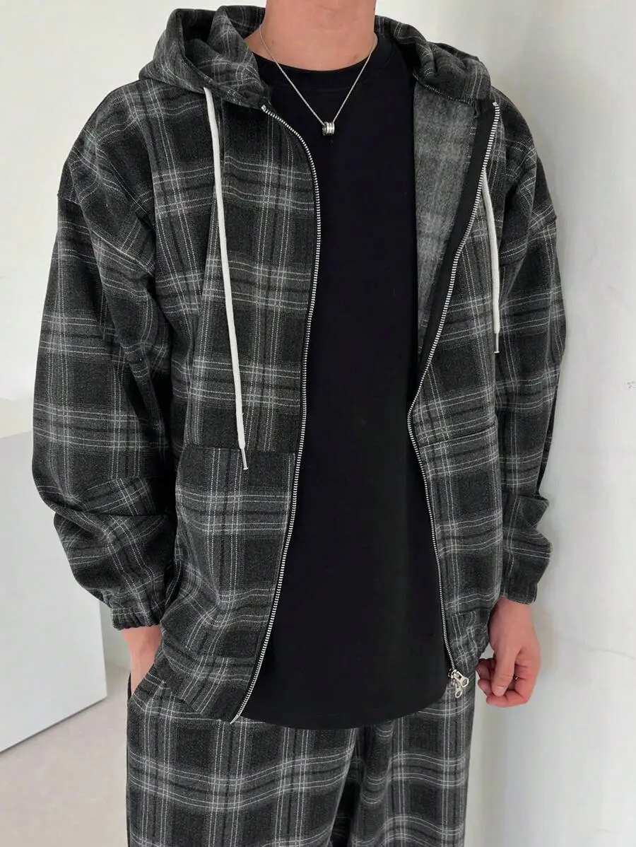 チェック柄 フード付き ジップアップ ロングスリーブ ジャケット ポケット付き スウェットパンツ セット