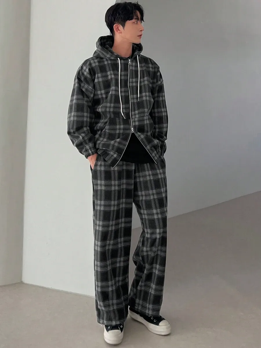 チェック柄 フード付き ジップアップ ロングスリーブ ジャケット ポケット付き スウェットパンツ セット