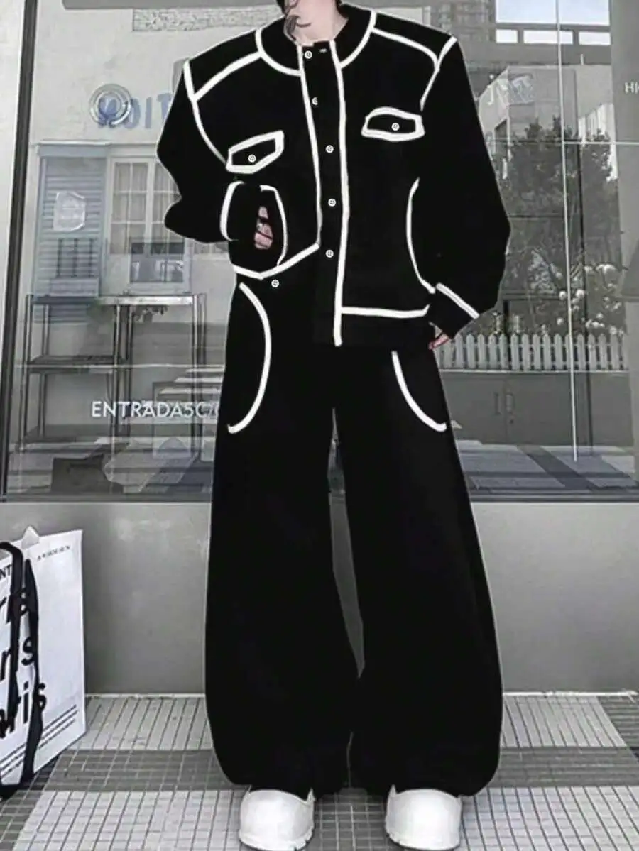 ルーズフィット コントラスト ジャケット ワイドレッグパンツ 2点セット